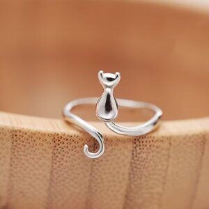 Silver Toned Cat Kitten Adjustable Ring
